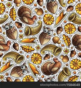 Cartoon cute hand drawn Thanksgiving seamless pattern. Colorful detailed, with lots of objects background. Endless funny vector illustration. Bright colors backdrop with autumn items.. Cartoon cute hand drawn Thanksgiving seamless pattern.