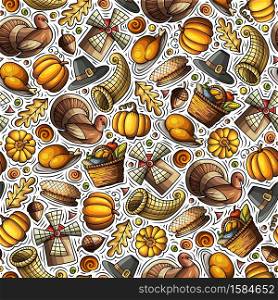 Cartoon cute hand drawn Thanksgiving seamless pattern. Colorful detailed, with lots of objects background. Endless funny vector illustration. Bright colors backdrop with autumn items.. Cartoon cute hand drawn Thanksgiving seamless pattern.