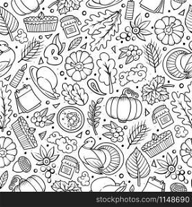 Cartoon cute hand drawn Thanksgiving seamless pattern. Line art detailed, with lots of objects background. Endless funny vector illustration. Contour backdrop with autumn items.. Cartoon cute hand drawn Thanksgiving seamless pattern