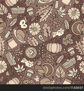 Cartoon cute hand drawn Thanksgiving seamless pattern. Toned detailed, with lots of objects background. Endless funny vector illustration. Bright colors backdrop with autumn items.. Cartoon cute hand drawn Thanksgiving seamless pattern