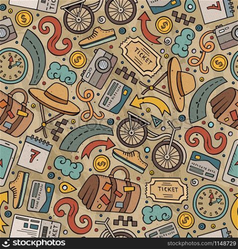 Cartoon cute hand drawn Traveling seamless pattern. Colorful detailed, with lots of objects background. Endless funny vector illustration. Bright colors travel planning backdrop.. Cartoon Traveling seamless pattern with lots of objects