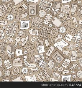 Cartoon cute hand drawn Traveling seamless pattern. Line art detailed, with lots of objects background. Endless funny vector illustration. Monochrome travel planning backdrop.. Cartoon Traveling seamless pattern with lots of objects