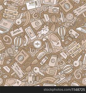 Cartoon cute hand drawn Traveling seamless pattern. Line art detailed, with lots of objects background. Endless funny vector illustration. Monochrome travel planning backdrop.. Cartoon Traveling seamless pattern with lots of objects