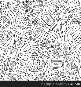 Cartoon cute hand drawn Traveling seamless pattern. Line art detailed, with lots of objects background. Endless funny vector illustration. Contour travel planning backdrop.. Cartoon Traveling seamless pattern with lots of objects