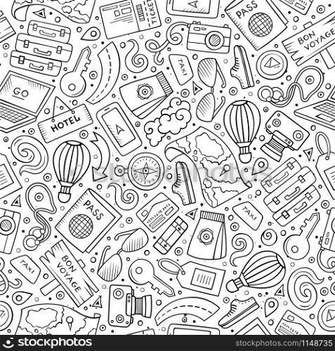 Cartoon cute hand drawn Traveling seamless pattern. Line art detailed, with lots of objects background. Endless funny vector illustration. Sketchy travel planning backdrop.. Cartoon Traveling seamless pattern with lots of objects