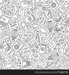 Cartoon cute hand drawn Traveling seamless pattern. Line art detailed, with lots of objects background. Endless funny vector illustration. Sketchy travel planning backdrop.. Cartoon Traveling seamless pattern with lots of objects