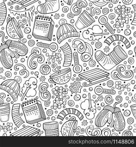 Cartoon cute hand drawn Winter season seamless pattern. Line art detailed, with lots of objects background. Endless funny vector illustration. Sketch backdrop. Cartoon cute hand drawn Winter season seamless pattern