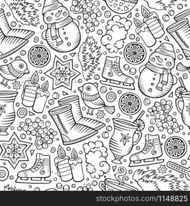 Cartoon cute hand drawn Winter season seamless pattern. Line art detailed, with lots of objects background. Endless funny vector illustration. sketchy backdrop. Cartoon cute hand drawn Winter season seamless pattern