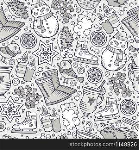 Cartoon cute hand drawn Winter season seamless pattern. Line art detailed, with lots of objects background. Endless funny vector illustration. sketchy backdrop. Cartoon cute hand drawn Winter season seamless pattern