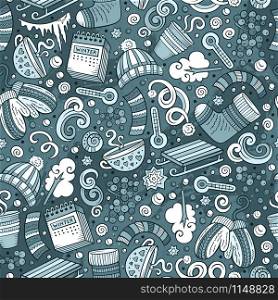 Cartoon cute hand drawn Winter season seamless pattern. Line art detailed, with lots of objects background. Endless funny vector illustration. Sketch backdrop. Cartoon cute hand drawn Winter season seamless pattern