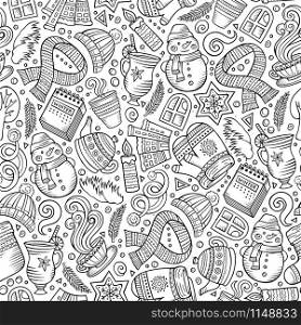 Cartoon cute hand drawn Winter season seamless pattern. Line art detailed, with lots of objects background. Endless funny vector illustration. Sketchy backdrop. Cartoon cute hand drawn Winter season seamless pattern