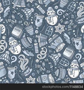 Cartoon cute hand drawn Winter season seamless pattern. Line art detailed, with lots of objects background. Endless funny vector illustration. Sketchy backdrop. Cartoon cute hand drawn Winter season seamless pattern