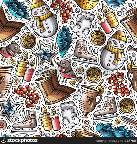 Cartoon cute hand drawn Winter season seamless pattern. Colorful detailed, with lots of objects background. Endless funny vector illustration. Bright colors backdrop. Cartoon cute hand drawn Winter season seamless pattern