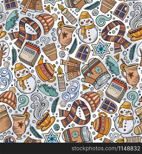 Cartoon cute hand drawn Winter season seamless pattern. Colorful detailed, with lots of objects background. Endless funny vector illustration. Bright colors backdrop. Cartoon cute hand drawn Winter season seamless pattern