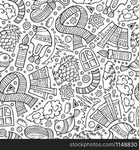 Cartoon cute hand drawn Winter season seamless pattern. Sketchy detailed, with lots of objects background. Endless funny vector illustration. Line art backdrop. Cartoon cute hand drawn Winter season seamless pattern