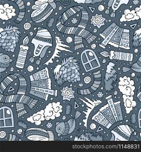 Cartoon cute hand drawn Winter season seamless pattern. Sketchy detailed, with lots of objects background. Endless funny vector illustration. Line art backdrop. Cartoon cute hand drawn Winter season seamless pattern