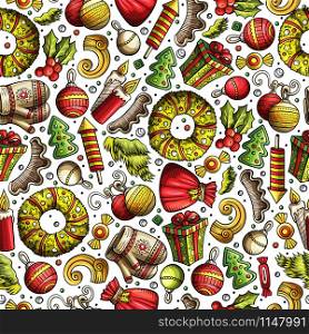 Cartoon cute hand drawn Xmas seamless pattern. Colorful with lots of objects background. Endless funny vector illustration. Cartoon cute hand drawn Xmas seamless pattern. Vector background