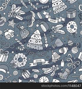 Cartoon cute hand drawn Xmas seamless pattern. Line art with lots of objects background. Endless funny vector illustration. Cartoon cute hand drawn Xmass seamless pattern