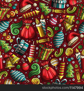 Cartoon cute hand drawn Xmass seamless pattern. Colorful with lots of objects background. Endless funny vector illustration. Cartoon cute hand drawn Xmass seamless pattern