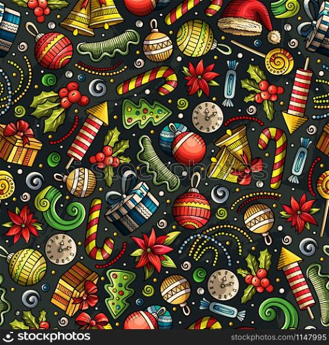 Cartoon cute hand drawn Xmass seamless pattern. Colorful with lots of objects background. Endless funny vector illustration. Cartoon cute hand drawn Xmass seamless pattern