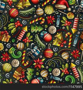 Cartoon cute hand drawn Xmass seamless pattern. Colorful with lots of objects background. Endless funny vector illustration. Cartoon cute hand drawn Xmass seamless pattern
