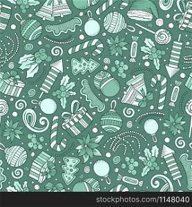 Cartoon cute hand drawn Xmass seamless pattern. Line art with lots of objects background. Endless funny vector illustration. Cartoon cute hand drawn Xmass seamless pattern