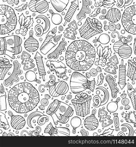 Cartoon cute hand drawn Xmass seamless pattern. Line art with lots of objects background. Endless funny vector illustration. Cartoon cute hand drawn Xmass seamless pattern