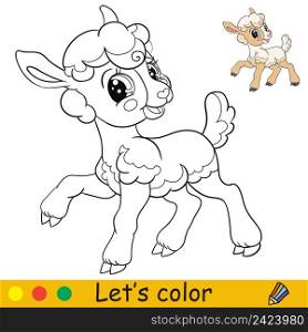 Cartoon cute happy lamb. Coloring book page with colorful template for kids. Vector isolated illustration. For coloring book, print, game, party, design. Cartoon cute happy lamb coloring vector illustration