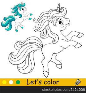 Cartoon cute happy little unicorn. Coloring book page with colorful template for kids. Vector isolated illustration. For coloring book, print, game, party, design. Cartoon cute happy little unicorn coloring book page vector