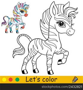 Cartoon cute happy rainbow zebra. Coloring book page with colorful template for kids. Vector isolated illustration. For coloring book, print, game, party, design