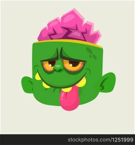 Cartoon Cute Happy Zombie Head showing tongue and smiling. Vector illustration