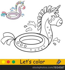 Cartoon cute inflatable circle unicorn. Coloring book for preschool kids with easy educational gaming level. Freehand sketch drawing. Vector illustration. For print, game, education, design and decor. Cartoon cute cartoon inflatable circle unicorn coloring
