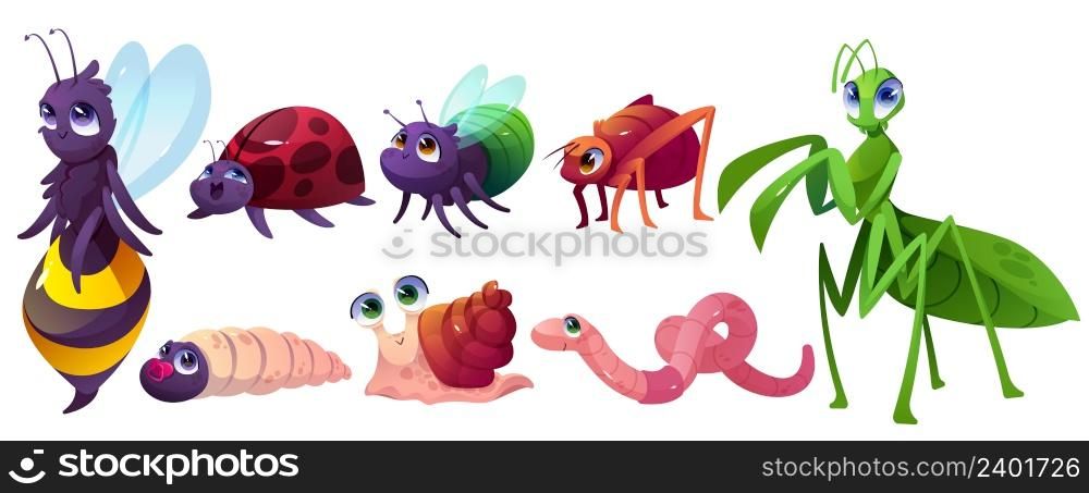 Cartoon cute insects characters snail, bee or wasp, ladybug, fly, chrysalis, worm, ant, mantis. Funny wild creatures with smiling faces and big eyes. Mascot, kids design elements, isolated vector set. Cute cartoon insects characters snail, bee or bugs
