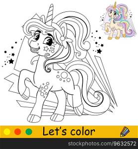 Cartoon cute joyful unicorn with abstract background. Kids coloring book page. Unicorn character. Black and white vector isolated illustration with colorful template. For coloring, print, game, design. Cartoon young unicorn kids coloring book page vector