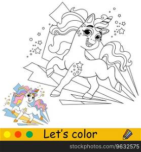 Cartoon cute joyful unicorn with abstract background. Kids coloring book page. Unicorn character. Black and white vector isolated illustration with colorful template. For coloring, print, game, design. Cartoon cutie unicorn kids coloring book page vector
