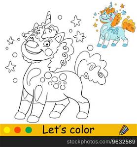 Cartoon cute joyful unicorn with stars. Kids coloring book page. Unicorn character. Black and white vector isolated illustration with colorful template. For coloring, print, game, design. Cartoon turquiose unicorn kids coloring book page vector