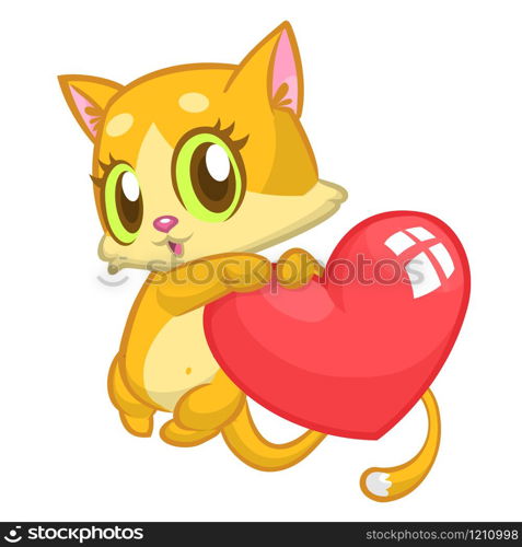 Cartoon cute kitty in love and holding a heart love. Vector illustration for St Valentines Day. Isolated