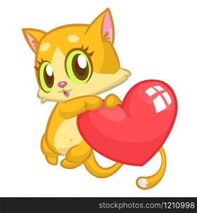 Cartoon cute kitty in love and holding a heart love. Vector illustration for St Valentines Day. Isolated