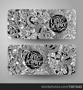 Cartoon cute line art vector hand drawn doodles Aautomobile corporate identity. 2 horizontal banners design. Templates set. Cartoon vector hand drawn doodles Aautomobile horizontal banners