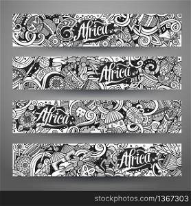 Cartoon cute line art vector hand drawn doodles Africa corporate identity. 4 horizontal banners design. Templates set. Cartoon cute vector doodles Africa banners