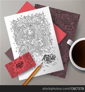 Cartoon cute line art vector hand drawn doodles artistic corporate identity set. Templates design of business card, flyers, posters, papers on the table. . Cartoon cute line art vector corporate identity set