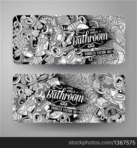 Cartoon cute line art vector hand drawn doodles Bathroom horizontal banners design. Templates set. Cartoon vector doodles Bathroom vertical banners