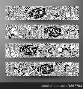 Cartoon cute line art vector hand drawn doodles casino corporate identity. 4 horizontal banners design. Templates set. Cartoon line art vector doodles casino banners
