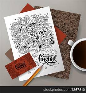 Cartoon cute line art vector hand drawn doodles cinema movie corporate identity set. Templates design of business card, flyers, posters, papers on the table. Cartoon vector doodles cinema corporate identity set