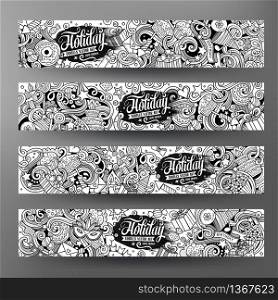 Cartoon cute line art vector hand drawn doodles holidays corporate identity. 4 horizontal banners design. Templates set. Cartoon hand-drawn doodles holidays banners