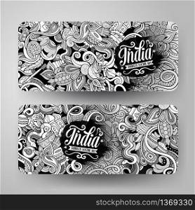 Cartoon cute line art vector hand drawn doodles India corporate identity. 2 horizontal banners design. Templates set. Cartoon vector hand drawn doodles India banners