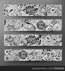 Cartoon cute line art vector hand drawn doodles japanese food corporate identity. 4 horizontal banners sketchy design set. Cartoon cute line art vector hand drawn doodles japanese food co