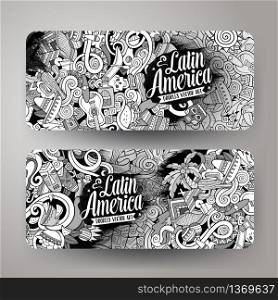 Cartoon cute line art vector hand drawn doodles Latin America corporate identity. 2 horizontal banners design. Templates set. Cartoon hand-drawn doodles Latin American banners