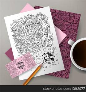 Cartoon cute line art vector hand drawn doodles Nail salon corporate identity set. Templates design of business card, flyers, posters, papers on the table. Cartoon vector doodles Nail salon corporate identity set