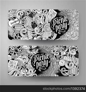 Cartoon cute line art vector hand drawn doodles picnic corporate identity. 2 horizontal banners sketchy design set. Cartoon vector picnic doodle vertical banners